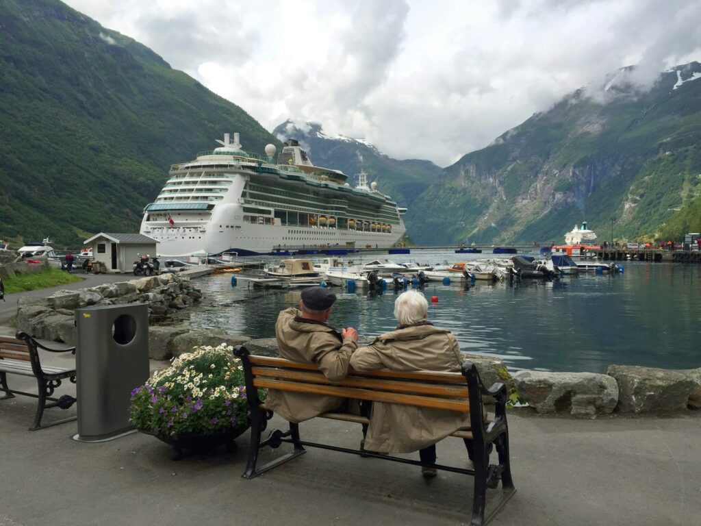 retired old people looking at cruise