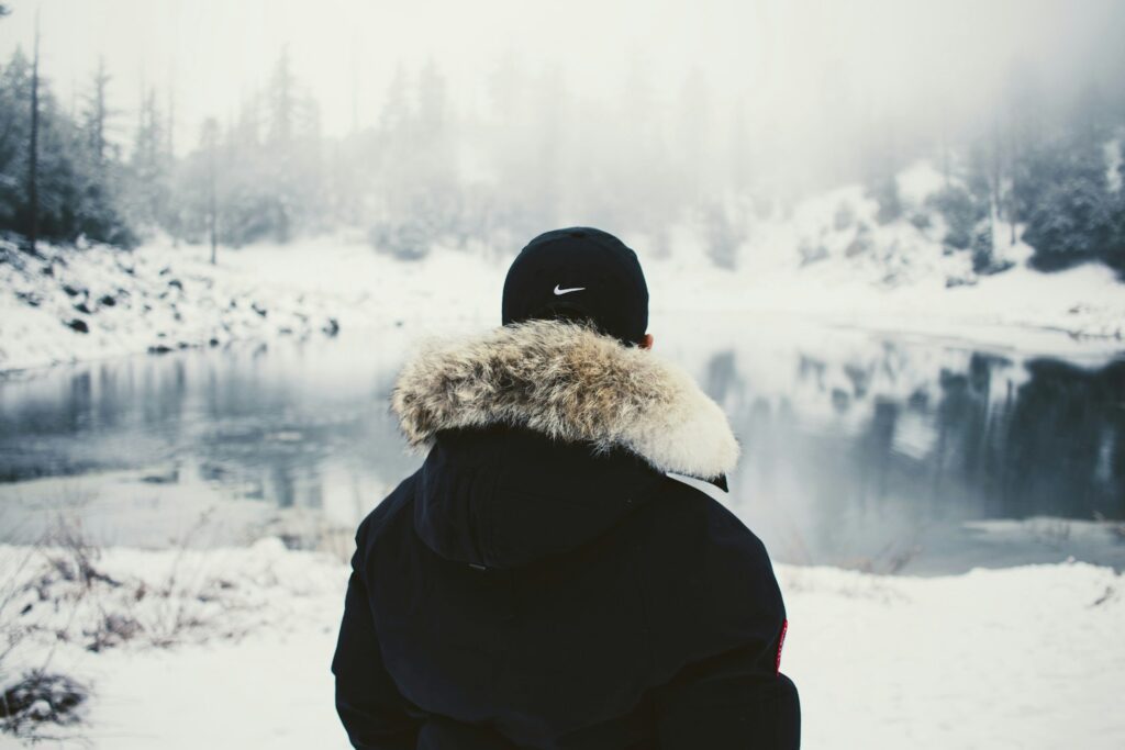 mens winter coat in snow