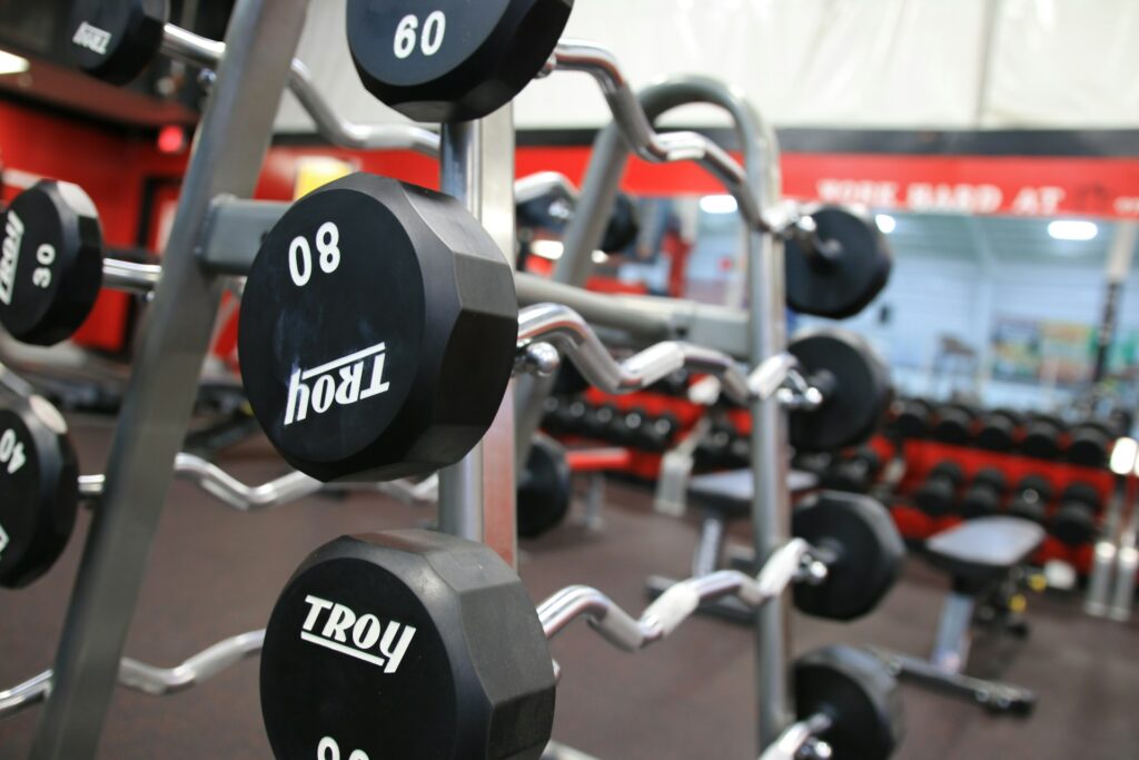 weights on a gym rack